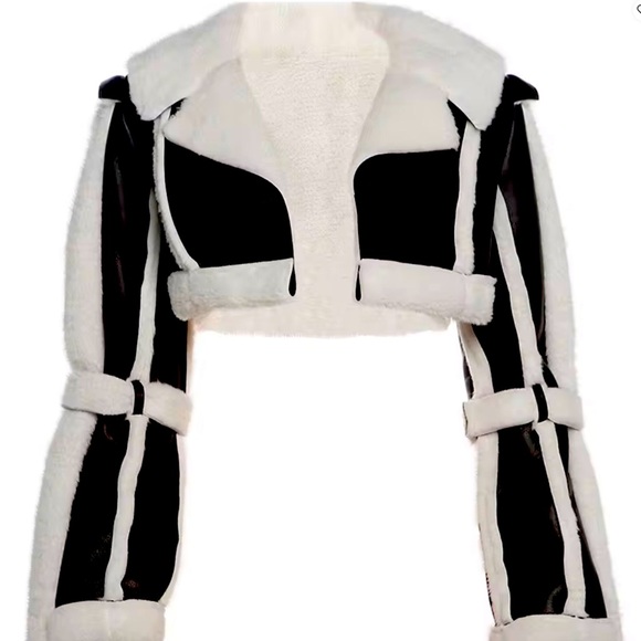 Women's Black and White crop Shearling Jacket - Picture 1 of 1